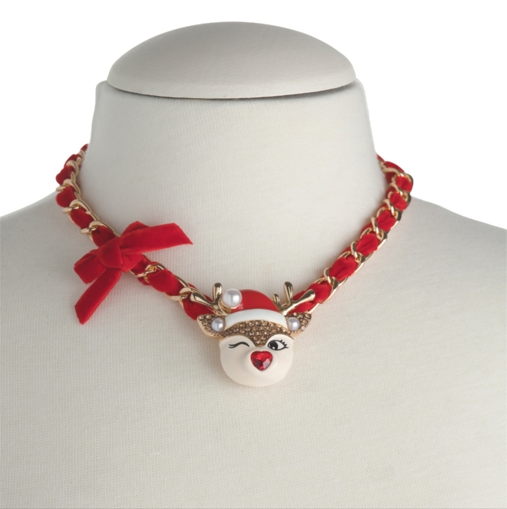 Betsey Johnson Faux Stone Santa Baby Reindeer Bow Pendant Necklace NWT - Picture 2 of 2